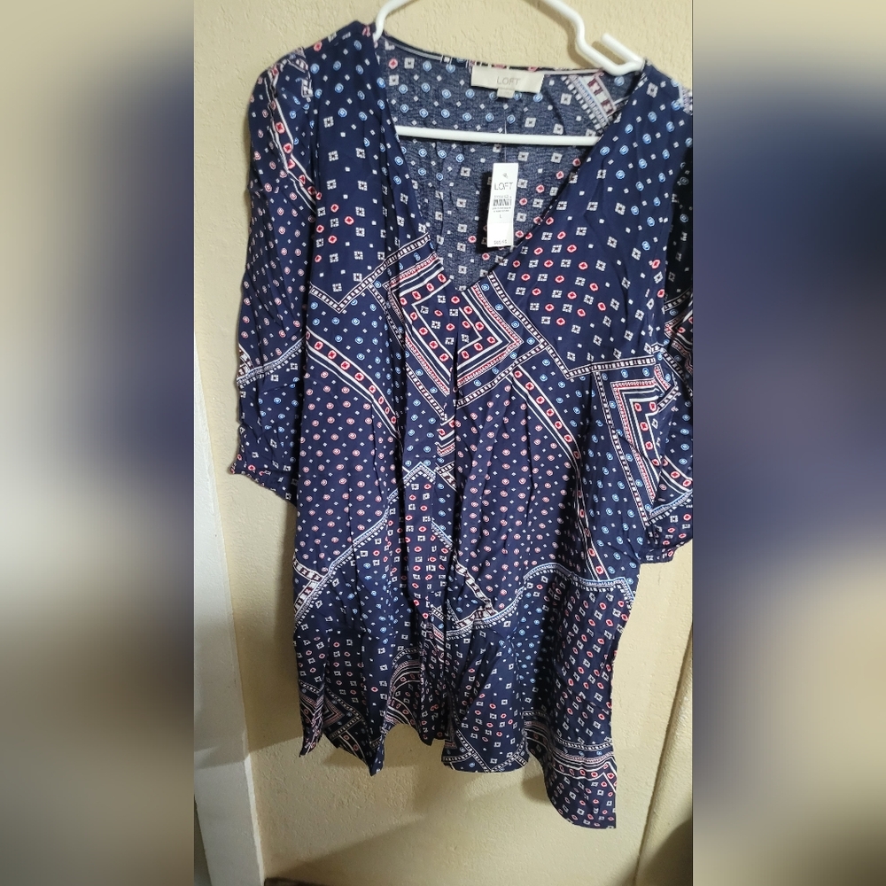 LOFT Navy and Pink Geometric Paisley Bandana V-Neck Tunic Mini Dress L
